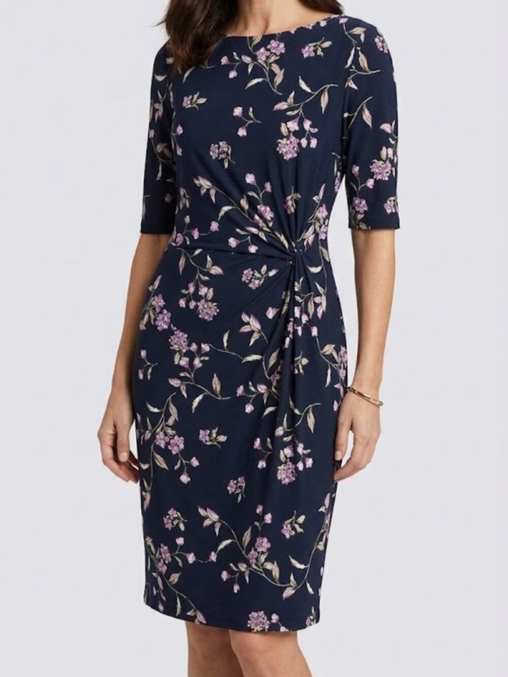 Lauren Ralph Lauren Black Lavender Floral Gathered Waist Dress Size 14